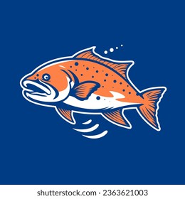 Vector illustration of a salmon fish on a blue background. Logo, emblem, design element.  flat color logo