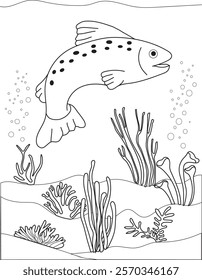 Vector illustration of Salmon fish in the sea. with a seascape as the background. Creativity coloring book for children.