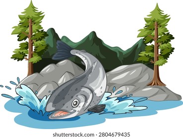 Vector illustration of a salmon leaping from water against a mountain and pine forest backdrop
