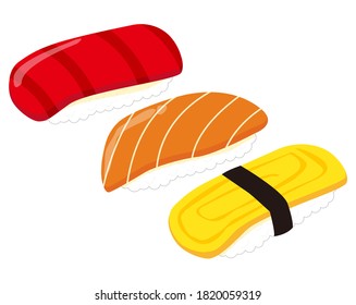 Vector illustration of salmon, omelet and tuna sushi