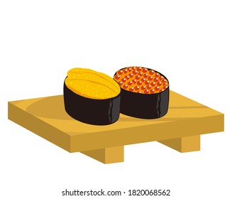 Vector illustration of salmon roe and sea urchin nigiri sushi. 