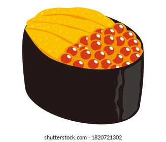 Vector illustration of salmon roe and sea urchin nigiri sushi. 