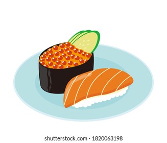 
Ilustración vectorial del buque de guerra de la hueva de salmón y el salmón nigiri sushi . Rollo de Battle Ship
