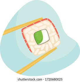 Imagen vectorial de un rollo de salmón entre palillos chinos.