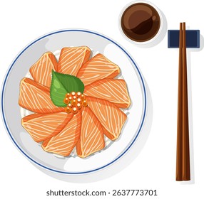 Vector illustration of salmon sashimi arranged on a plate with soy sauce and chopsticks. Clean lines and vibrant colors enhance the composition