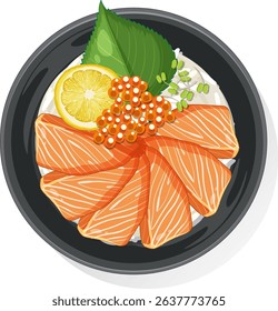 Vector illustration of salmon sashimi on a black plate, with lemon slice, green leaf, and roe garnish