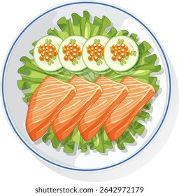 Vector illustration of salmon sashimi on lettuce with cucumber slices. Bright colors and clean lines create a fresh, appetizing look