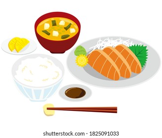 Ilustración vectorial del salmón sashimi . Sopa de arroz y miso