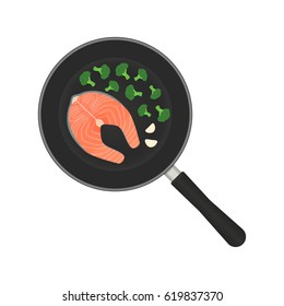 Vector illustration of a salmon steak in a frying pan with vegetables. 