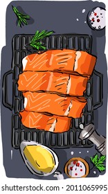 Vector illustration with salmon, salmon steak, smoked steak
