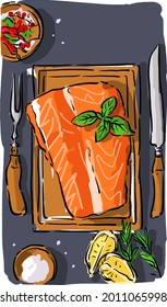 Vector illustration with salmon, salmon steak, smoked steak