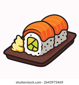 Vector illustration of salmon sushi roll with ginger – cute cartoon japanese food icon