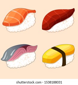 vector Illustration of salmon, tuna, egg and mackerel sushi