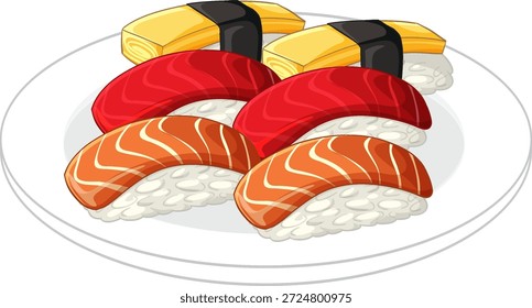 Vector illustration of salmon tuna and egg nigiri sushi on a white ceramic plate