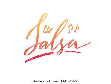 Vector illustration of salsa isolated word for banner, poster, business card, dancing club advertisement, signage design. Creative handwritten text for the internet or print
