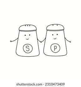 Vector illustration of salt and pepper shaker, friendship, in doodle style. Isolated on a white background