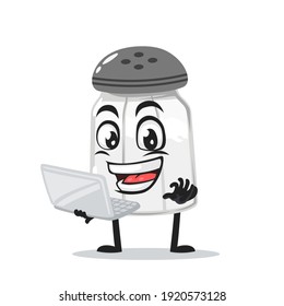 vector illustration of salt shaker mascot or character presentation with laptop