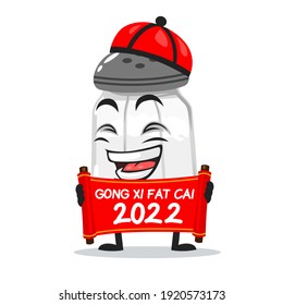 vector illustration of salt shaker mascot or character holding red scroll and says happy chinese new year 2021