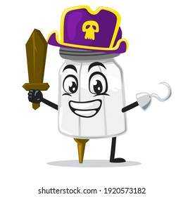 vector illustration of salt shaker mascot or character wearing pirates costume and holding wooden sword