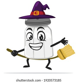 vector illustration of salt shaker mascot or character wearing witch costume and ride flying broom