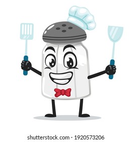 vector illustration of salt shaker mascot or character wearing chef hat and holding spatula