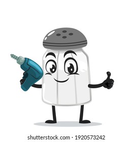 vector illustration of salt shaker mascot or character holding hand drill