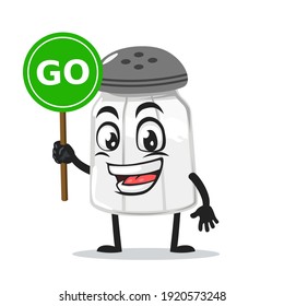 vector illustration of salt shaker mascot or character holding sign says go