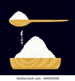 Vector Illustration Of A Salt Or Sugar In A Wooden Bowl And In A Wooden Spoon.