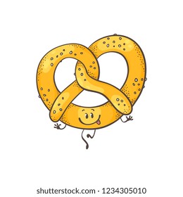 Vector illustration of salt or sweet pretzel cartoon character with cute face in sketch style - hand drawn emoticon of baked bread product smiling and showing tongue isolated on white background.