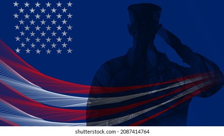 Vector illustration of Salute to Service day. American saluting soldier with a patriotic Veterans Day red, white and blue flag background vector (for Independence Day and Veteran's Day designs).