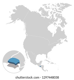 Vector illustration of Salvador in blue on the grey model of North America map with zooming replica of country