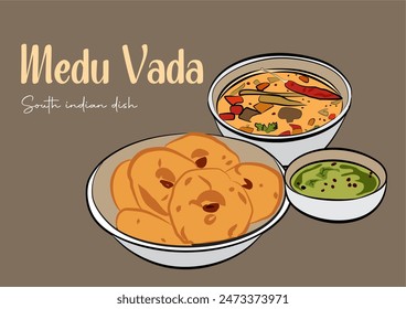 Ilustración vectorial de Sambar Medu Vada con chutney