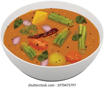 Vector illustration of Sambar , mixed veg curry arranged in a  white bowl ,south Indian  vegetarian dish ,isolated.