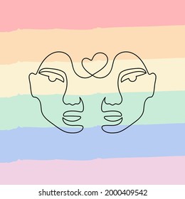  vector illustration of same-sex love concept, two men on the background of the LGBT flag in one line style, continuous line, minimalism