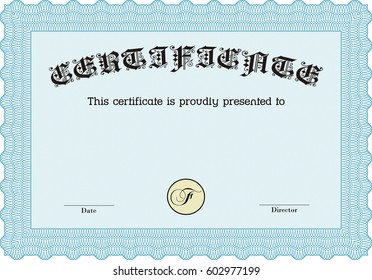Vector illustration of Sample certificate or diploma. Vector illustration.Complex design. With great quality guillotine pattern. Blue
