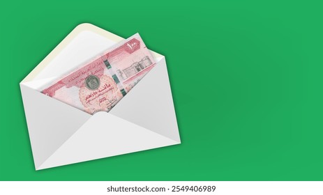 Vector illustration. Sample of economic poster. Envelope with banknote, denomination of 100 dirhams 2018 United Arab Emirates. One hundred. High pixel mosaic note. Green background.