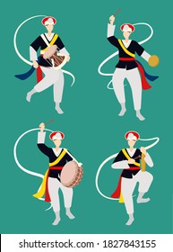 Vector illustration of Samulnori, Korean traditional percussion. Korean traditional dance.
