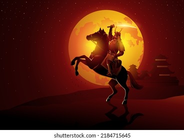 Vector illustration of Samurai general on horseback with full moon on the background