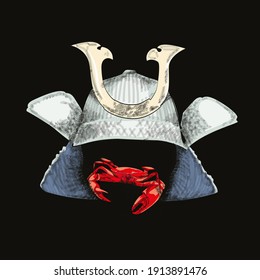 Vector illustration of a samurai helmet with a crab.	