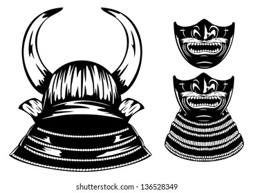 Vector illustration samurai helmet with horns menpo with yodare-kake