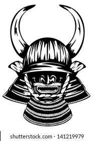 Vector illustration samurai helmet with horns menpo with yodare-kake