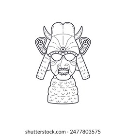 Ilustración vectorial de una máscara samurái: un dibujo detallado del contorno de un casco militar tradicional con cuernos, ideal para colorear y diseñar estampados.