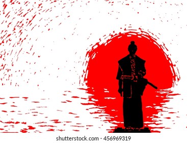 Vector illustration: samurai on the background of the rising sun