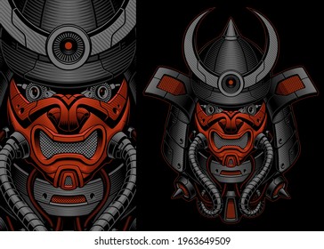 una ilustración vectorial de un robot samurai con tubos y diferentes mecanismos, este diseño es perfecto sólo como una marca de camisa.