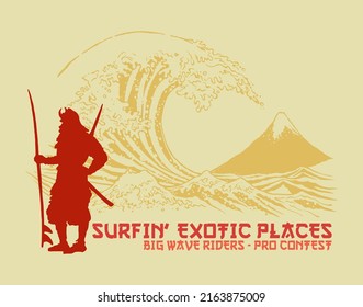 Vector illustration of samurai silhouette with surfboard on background with waves ,mountain and text.
