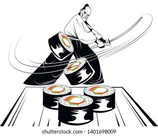 Vector illustration of a samurai slicing rolls