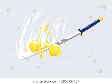 Vector illustration of a samurai sword cuts a lemon into two parts in motion, with a splash of juice