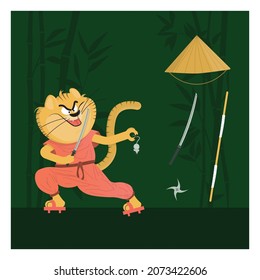 Ilustración vectorial de un tigre samurai con atributos samurai. Palo, shuriken, sombrero vietnamita, espada