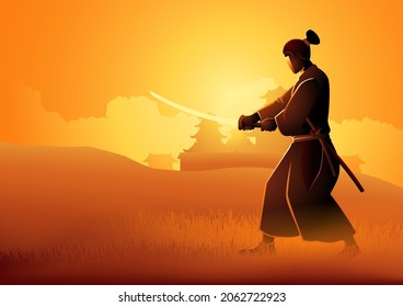 Ilustración vectorial de un curso de formación de samurai sobre el campo de césped