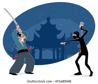 Vector illustration of a samurai vs ninja